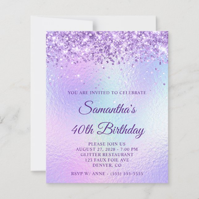 Lila Glitter Regenbogen Irisierend 40. Geburtstag (Vorderseite)