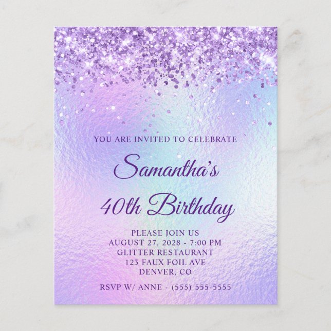 Lila Glitter Regenbogen Irisierend 40. Geburtstag Flyer (Vorne)