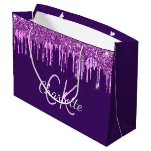 Lila Glitter rosa Tropfen Monogramm Große Geschenktüte
