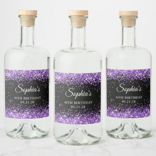 Lila Glitter Schwarz 40. Geburtstag Alkoholflaschenetikett