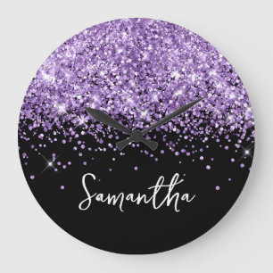 Lila Glitter Schwarze Schrift Name Große Wanduhr