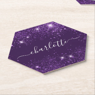 Lila Glitter-Sparkel-Name-Skript-Party Untersetzer
