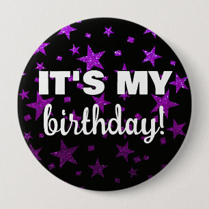 Lila Glitter Sterne Konfetti Ich habe Geburtstag Button