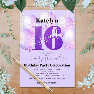 Lila Glitter Sweet 16 Geburtstagsballons Modern Einladung