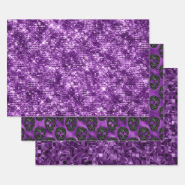 Lila Glitter-Totenkopf-Halloween-Musterdesign Geschenkpapier Set