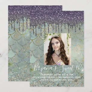 Lila Glitter-Tropfen-Meerjungfrau Sweet 16 Foto Einladung