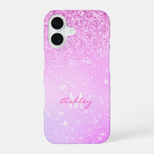 Lila Glitter, Weiße Sterne Schriftname & Monogramm iPhone 16 Hülle