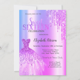 Lila Glittertropfen, Kleid Violett Sweet 16 Einladung