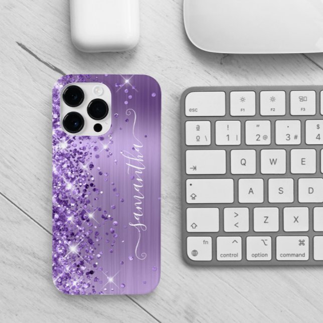 Lila Glittery Glam Girly Signature Case-Mate iPhone Hülle (Signature style text with curly swashes for her.)