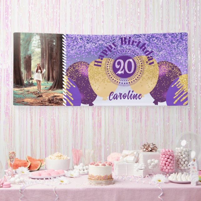 Lila Glitzer 20. Geburtstag & Balloons Banner (Party)