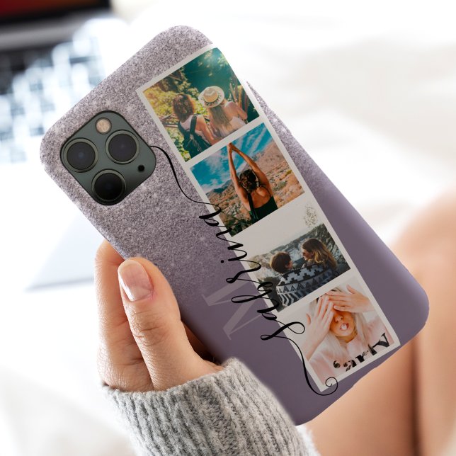 Lila Glitzer 4 Foto Sortierraster Case-Mate iPhone Hülle (Purple glitter 4 photo grid collage name monogram Case-Mate iPhone case)