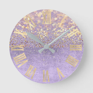 Lila Glitzer Amethyst Lavender Confetti Gold Runde Wanduhr