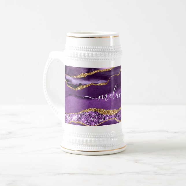 Lila Glitzer Bierstein mit Individuelle Name Bierglas (Vorderseite Links)