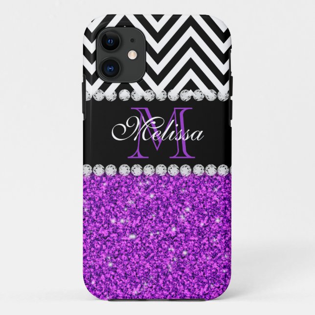 LILA GLITZER BLACK ZICKZACK MIT MONOGRAMM Case-Mate iPhone HÜLLE (Rückseite)