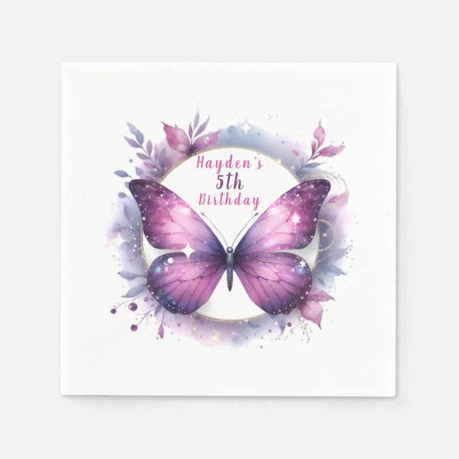 Lila Glitzer Butterfly - Geburtstag Serviette (Vorderseite)