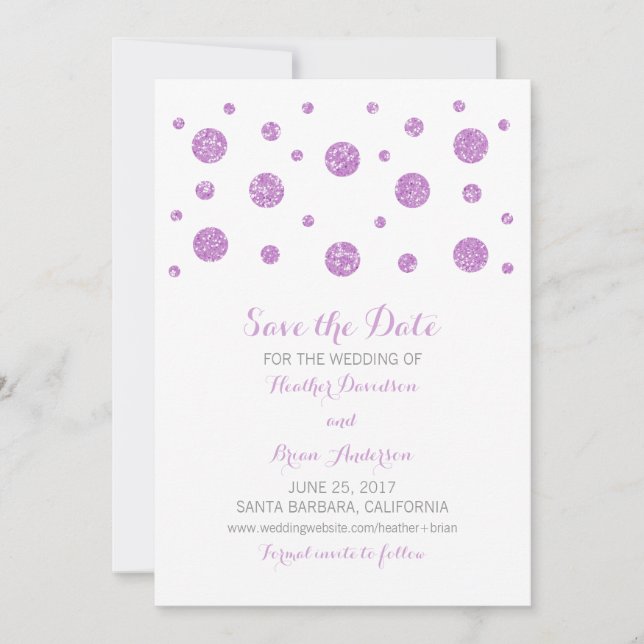 Lila Glitzer Confetti Save the Date einladen (Vorderseite)