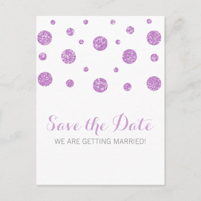 Lila Glitzer Confetti Save the Date Postkarte (Vorderseite)