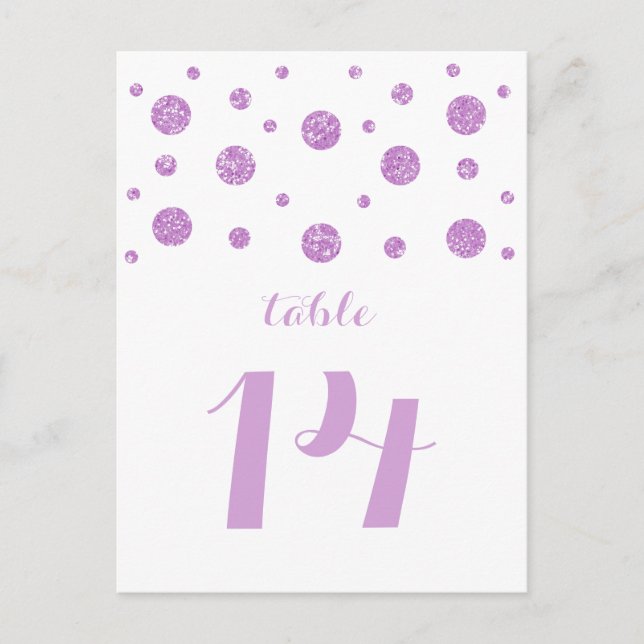 Lila Glitzer Confetti Tischnummer Postkarte (Vorderseite)