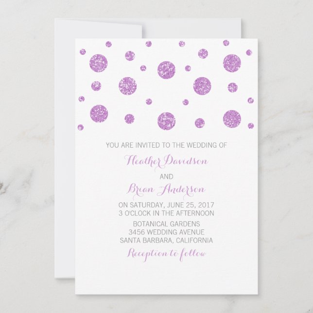 Lila Glitzer Confetti Wedding Einladung (Vorderseite)