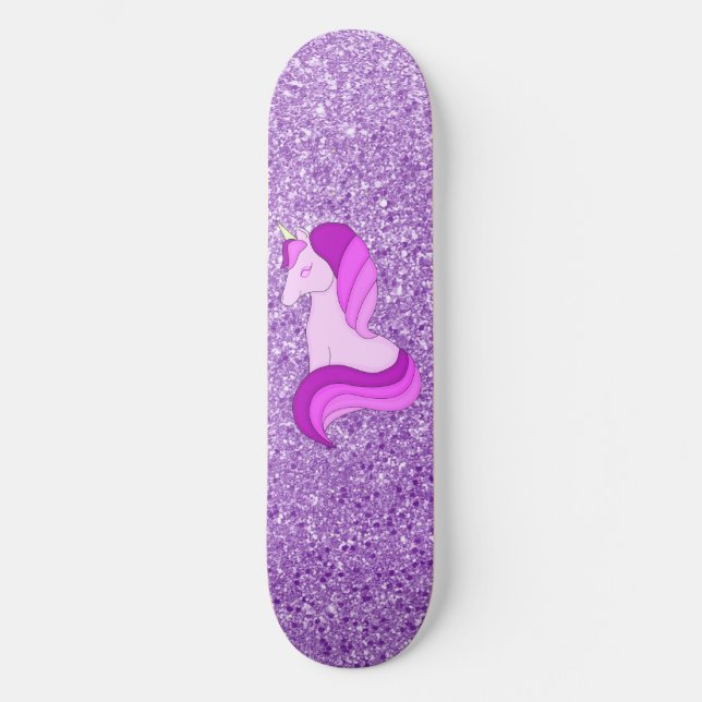 Lila Glitzer Einhorn Skateboard Deck (Vorderseite)