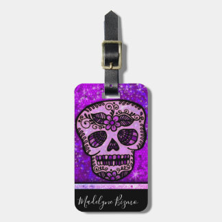 Lila Glitzer Elegantes Black Skull Travel Monogram Gepäckanhänger