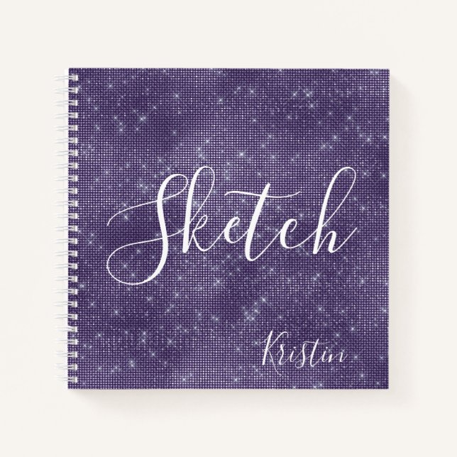 Lila Glitzer Elegantes Skript Ihr Name Sketchbook Notizbuch (Vorderseite)
