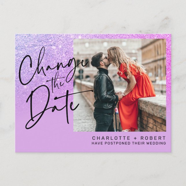 Lila Glitzer Foto Hochzeit ändern das Datum Ankündigungspostkarte (Vorderseite)