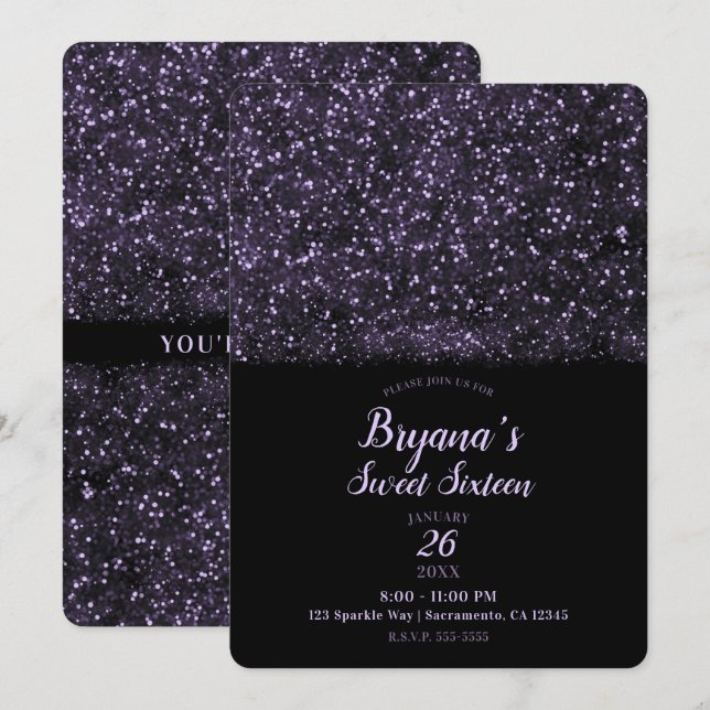Lila Glitzer funkelnde Lichter Sweet 16 Party Einladung (Vorne/Hinten)