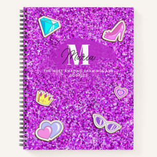Lila Glitzer Girl Monogram Name Sketchbook Notizbuch