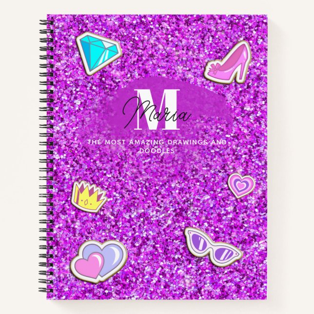 Lila Glitzer Girl Monogram Name Sketchbook Notizbuch (Vorderseite)