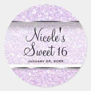Lila Glitzer Glam Sweet 16 Custom Gastgeschenk Runder Aufkleber