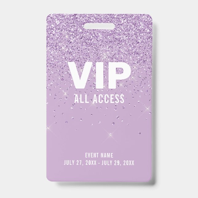 Lila Glitzer Glam VIP All Access Pass Event-ID Ausweis (Vorderseite)