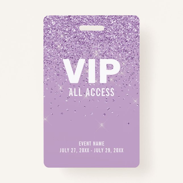 Lila Glitzer Glam VIP All Access Pass Event-ID Ausweis (Vorderseite)