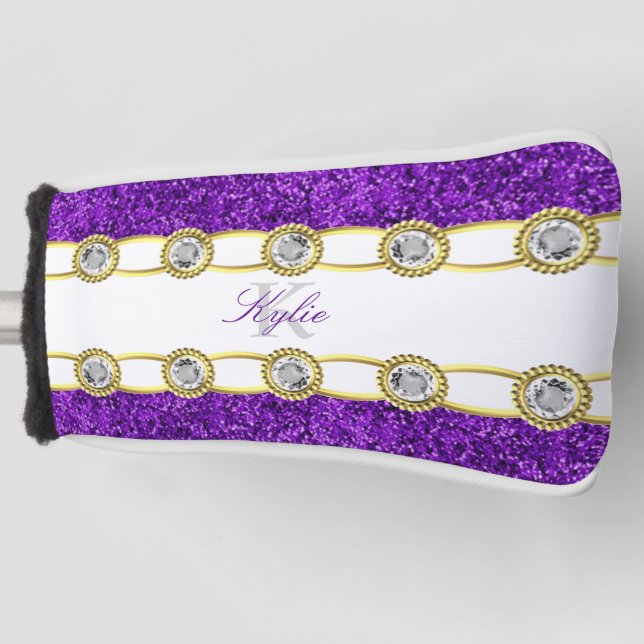 Lila Glitzer Gold Juwelen Monogramm Name Putter Golf Headcover (Vorderseite)
