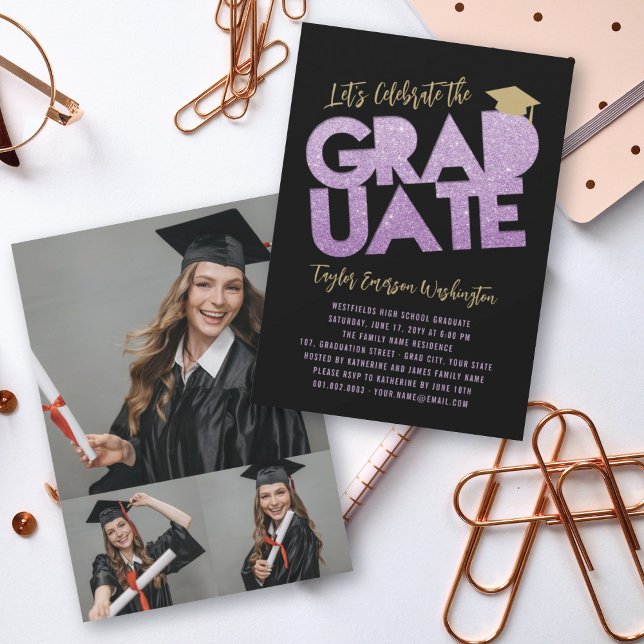 Lila Glitzer Graduate Cutout Graduation Party Einladung (Von Creator hochgeladen)