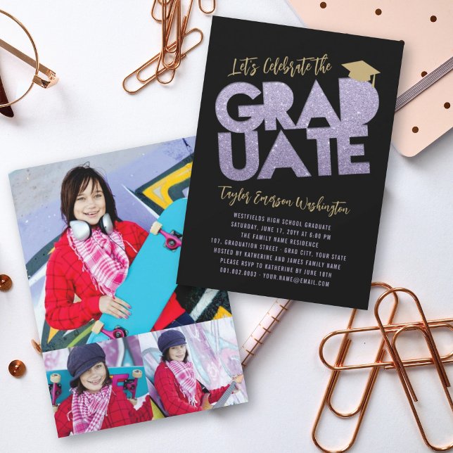 Lila Glitzer Graduate Cutout Graduation Party Einladung (Von Creator hochgeladen)