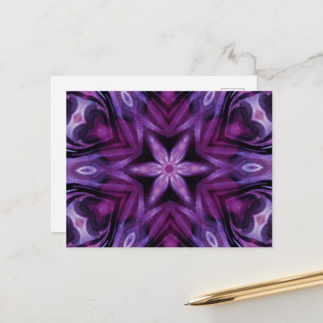 Lila Glitzer Herz und Blume Kaleidoskop Muster Postkarte (Vorderseite/Rückseite Beispiel)