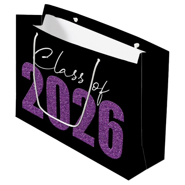 Lila Glitzer-Klasse 2026 Große Geschenktüte (Vorderseite Schrägansicht)