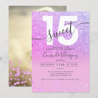 Lila Glitzer Konfetti rosa Quinceanera Foto Einladung
