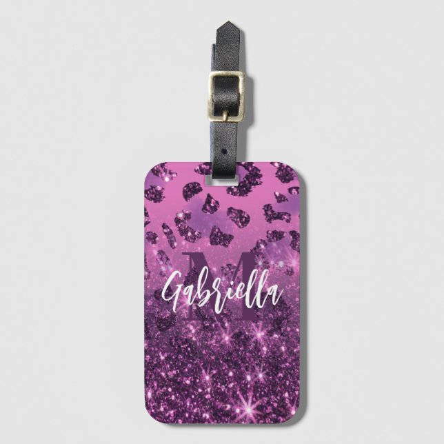 Lila Glitzer Leopard Print Gepäckanhänger (Vorderseite Vertikal)