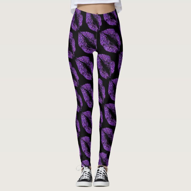 Lila Glitzer Lippen Modernes Schwarzes Leggings (Vorderseite)