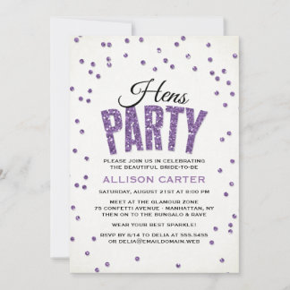Lila Glitzer Look Confetti Hens Party Einladung