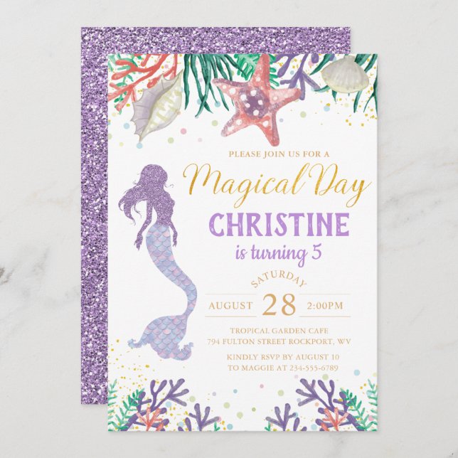 Lila Glitzer Meerjungfrau Einladung (Vorne/Hinten)