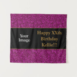 Lila Glitzer mit Foto von Nachrichten zum Geburtst Wandteppich