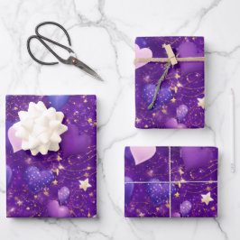 lila Glitzer mit Herzen und Sternen Geschenkpapier Set