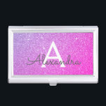 Lila Glitzer mit rosa und schwarzem Monogramm Visitenkarten Dose<br><div class="desc">Rosa und Lila Ombre Imitats Glitzer und sparkle Elegant Monogram Visitenkartenhalter. Dieser Visitenkartenhalter kann so angepasst werden,  dass er Ihren Vor- und Erstnamen einbezieht.</div>