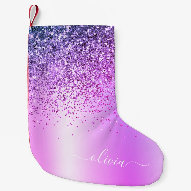 Lila Glitzer Monogram Name Luxury Girl Kleiner Weihnachtsstrumpf (Vorderseite)