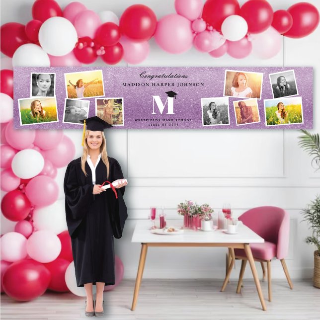Lila-Glitzer-Monogramm-10-Foto-Graduationspartei Banner (Purple Glitter Name Monogram Stylish 10 Photo Graduation Party Banner @ www.zazzle.com/color_therapy)