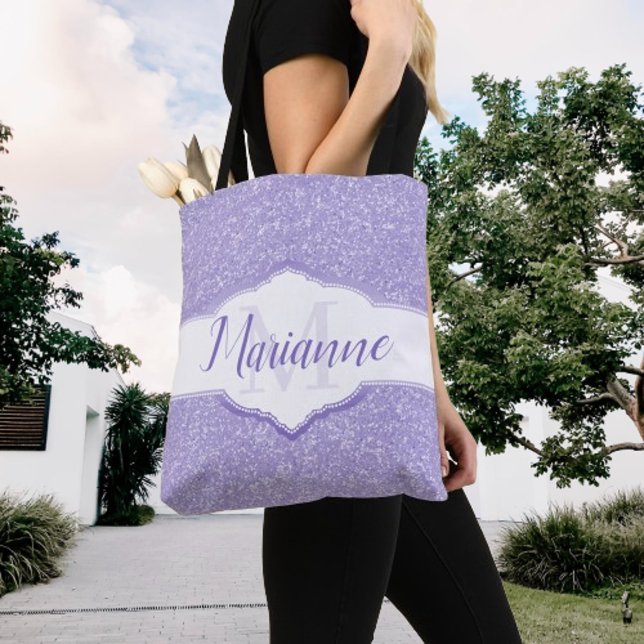 Lila Glitzer Monogramm Totbeutel (Purple Glitter Monogram Tote Bag)