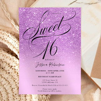 Lila Glitzer ombre chic script Sweet 16 Einladung
